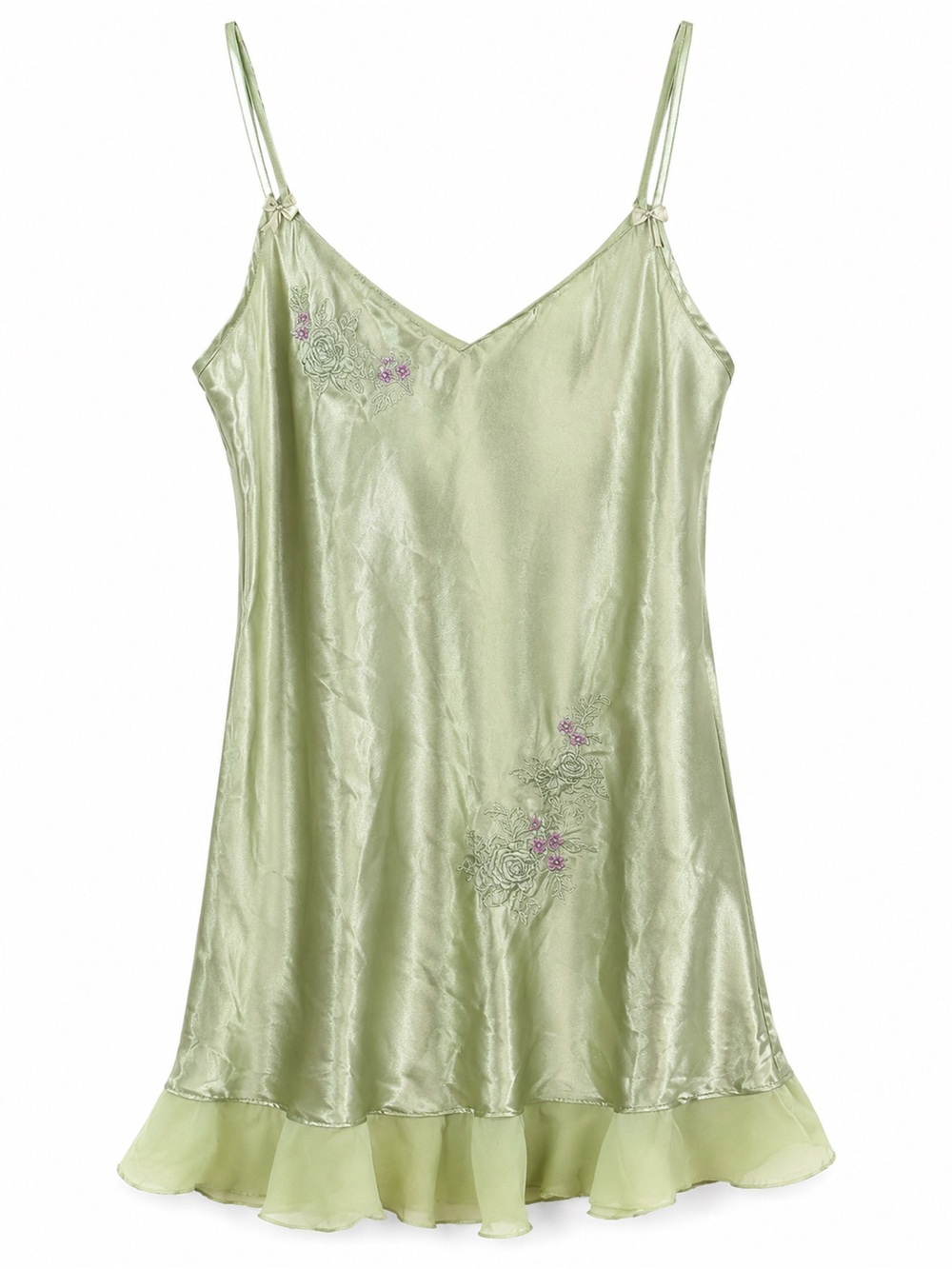 Enchanting Green Satin Slip Dress Chemise Embroidered Floral Ruffle Hem Sz S